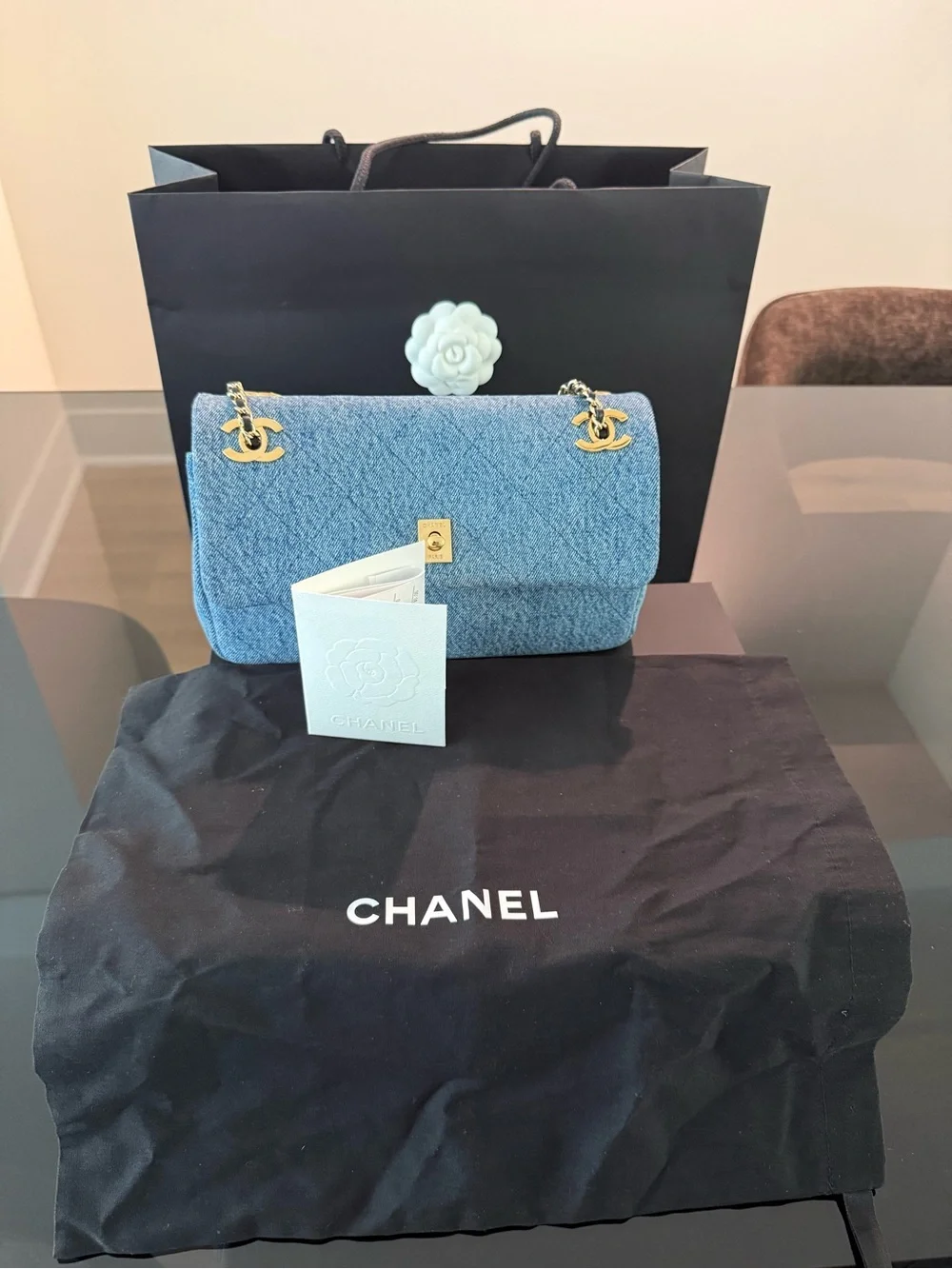 CHANEL Light Blue Denim Quilted Flap Shoulder Bag with Gold Hardware